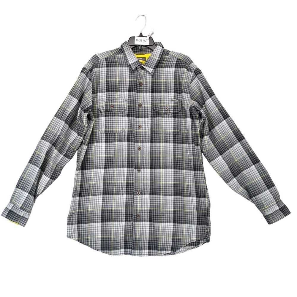 Eddie Bauer Gray Plaid Flannel Button Shirt Mens L Tall Pockets Outdoor Gorpcore